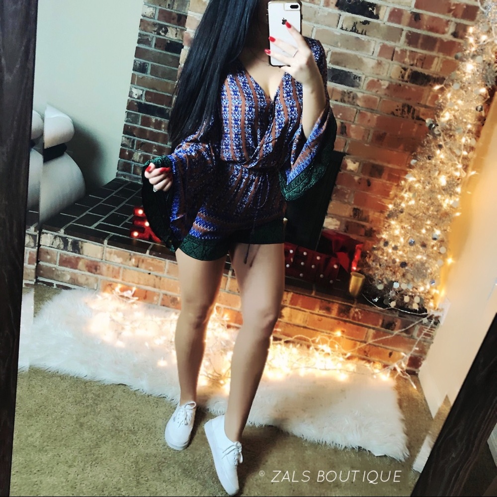 🔥3 for $30 Camel Blue & Green Peasant Boho Romper - Picture 6 of 8